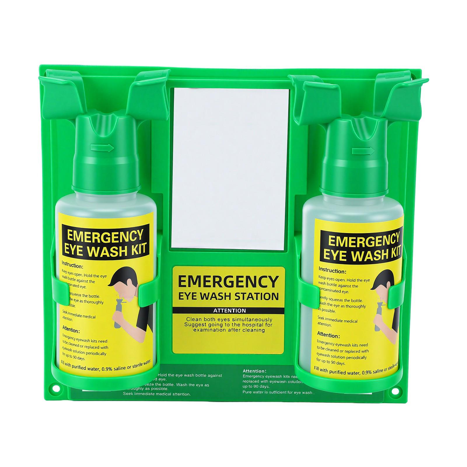 Estación de Lavado de Ojos de Emergencia 1L Montada en Pared Botellas de Lavado de Ojos Kit de Enjuague con Señal y Espejo para Laboratorio Fábrica