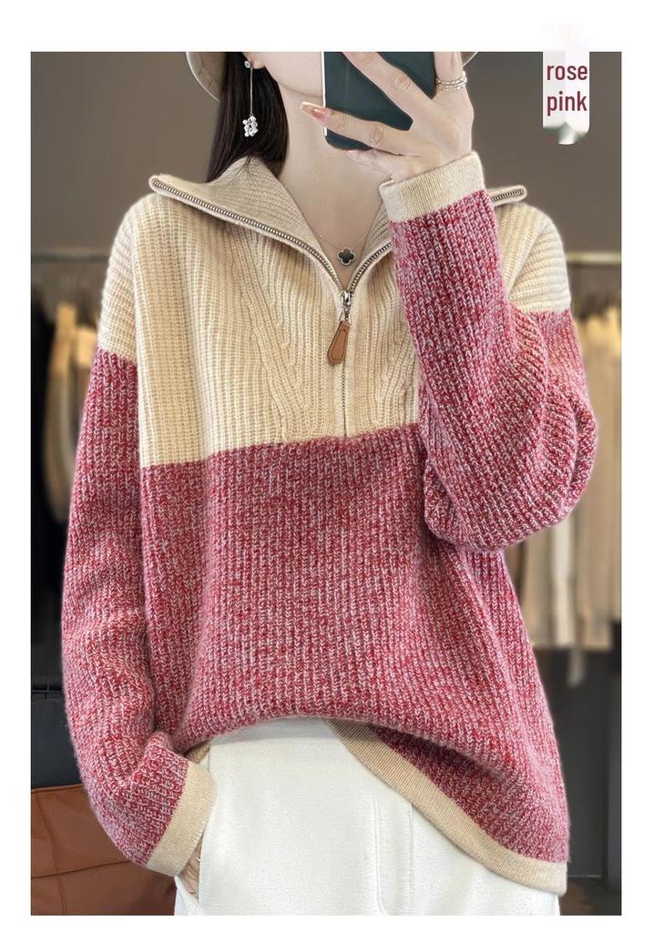 Women's High-Neck Color-Block Wool Pullover Sweater, Loose Fit Half-Zip for Autumn/Winter