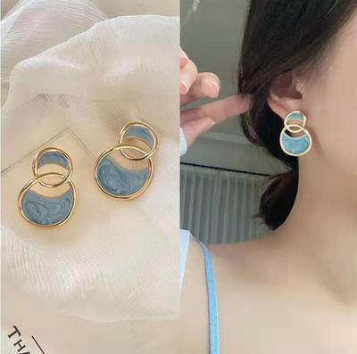 Autumn and Winter Maillard Style Double Rings Drip Glaze Sea Blue Travel Earrings with High-end Light Luxury French Design Earrings