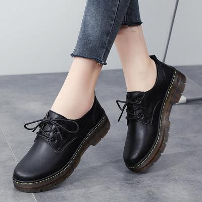 Large Size Women's Single Shoes Autumn Casual Small Leather Shoes Round Head Thick Heel Martin Boots Flat Bottom Shallow Mouth Shoes