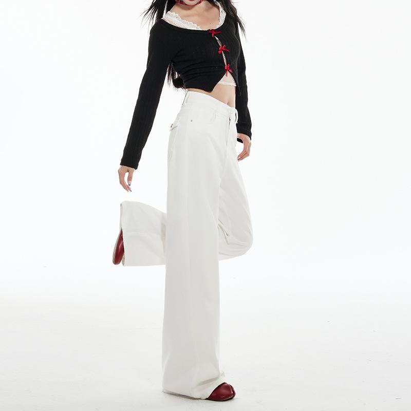 Women White High Waist Wide Leg Jeans Straight Loose Casual Denim Pants Two Length Design Spring Daily Commute Trousers 2026 New Style