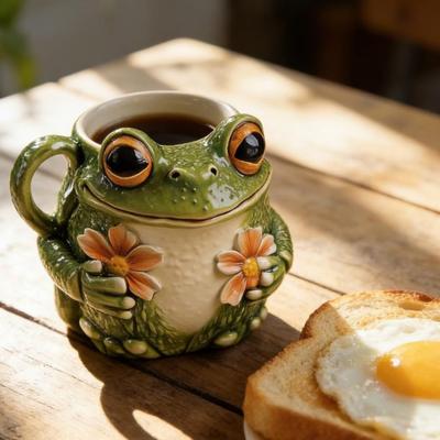 Frog Shape Ceramic Mug with Texture Coffee Tea Tiny Flowers Smooth Cup for Morning Joy Cozy