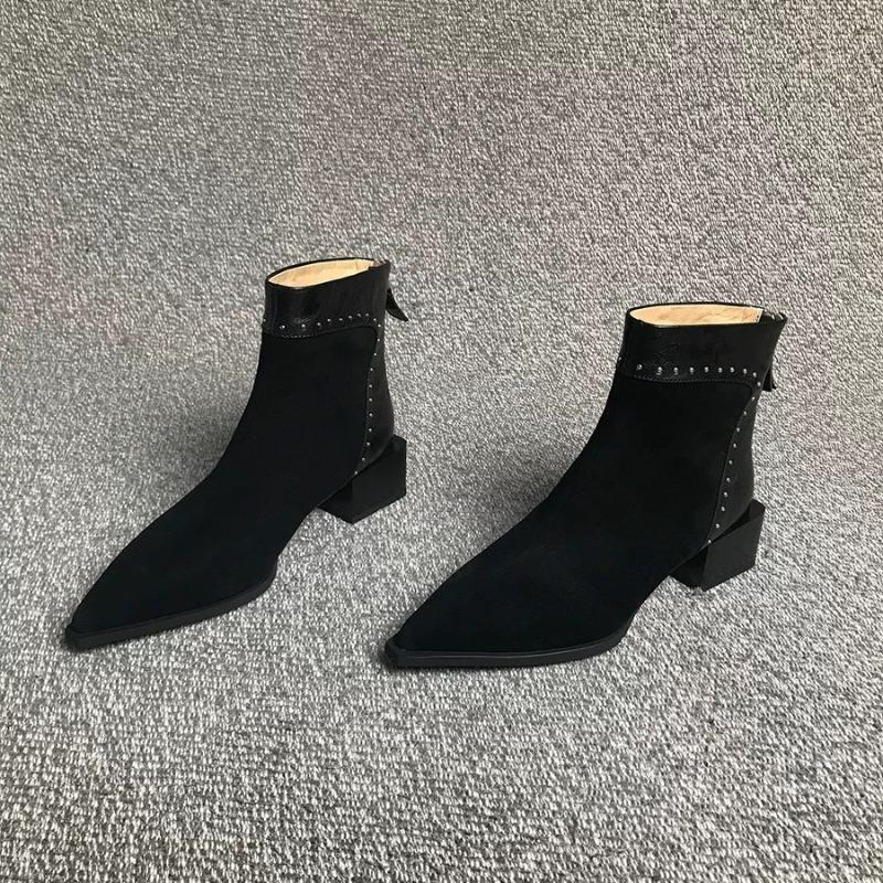 

Модные ботильоны на блочном каблуке, женские модные остроносые ботинки на молнии сзади, с мягкой подошвой, противоскользящие, износостойкие, короткие 40 чёрный