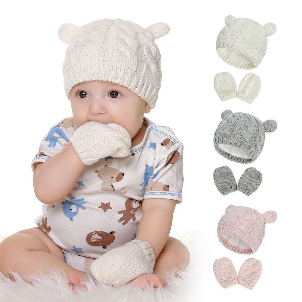 Windproof Fleece Lining Warm Baby Winter Beanie Hat Gloves Set Newborn Knitted Hats Children Cap
