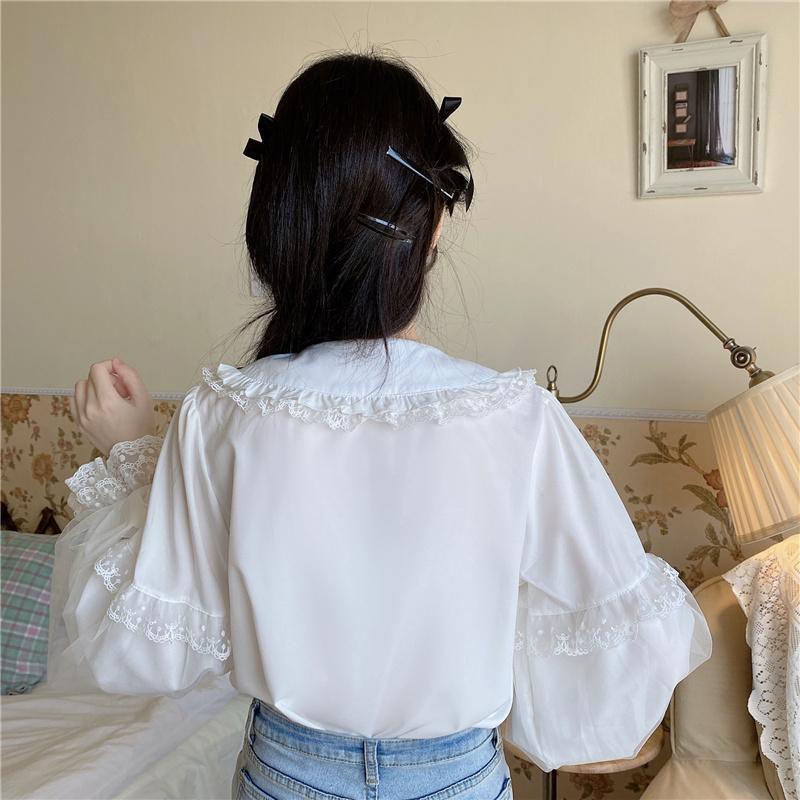 White Lolita Shirt Elegant Women Kawaii Clothes Preppy Style Blouses Cute Peter Pan Collar Lace Splicing Ruffled JK Shirts Girls Long Sleeve Sweet Top