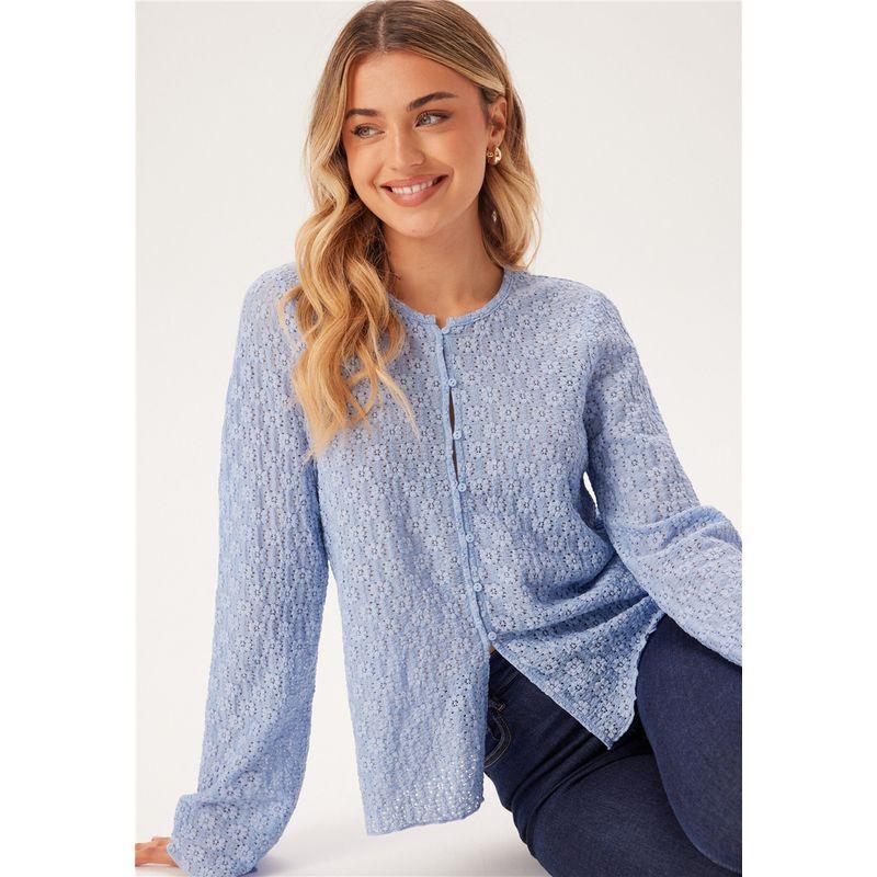 

European and American Foreign Trade Original Order Tail Goods Spring New Women s Long Sleeve Button Loose Lace Mesh Shirt T-shirt Top Light Blue 36/38