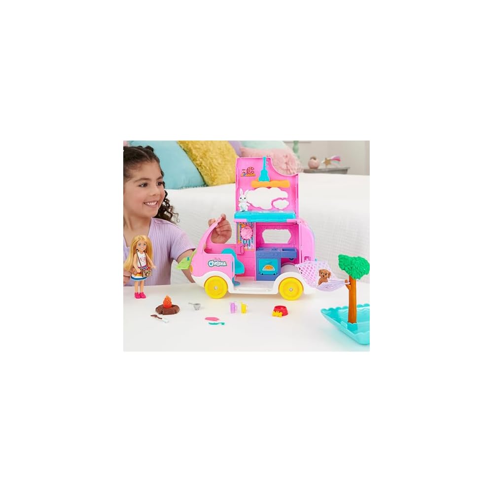 Barbie Chelsea Doll with Pink Camper and Pool Playset for Ages 3 and Up
