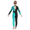 Girls Stylish Dance Jumpsuit Long Sleeve Stand Collar Sparkly Rhinestone Contrast Color Hollow Back Leotard