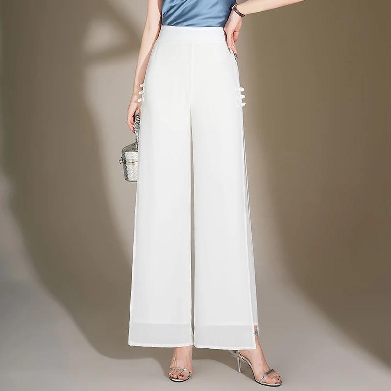 Chiffon Wide-leg Women Summer Thin High Waist Loose Tall Trousers Folded Chinese Style Pants Slit Straight Pants