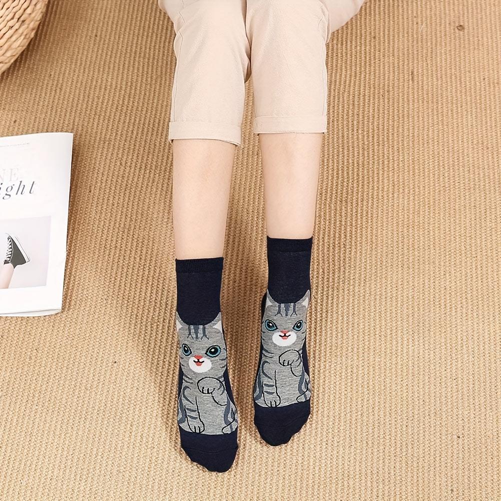 5 Paar Weiche Polyester Mädchen Niedliche Anime Katze Socken - Knöchellang mit Mehrkatzen-Designs Schwarz, Getigert, Weiß Herbstsocken für Teenager-Mädchen, Teenagerfuß