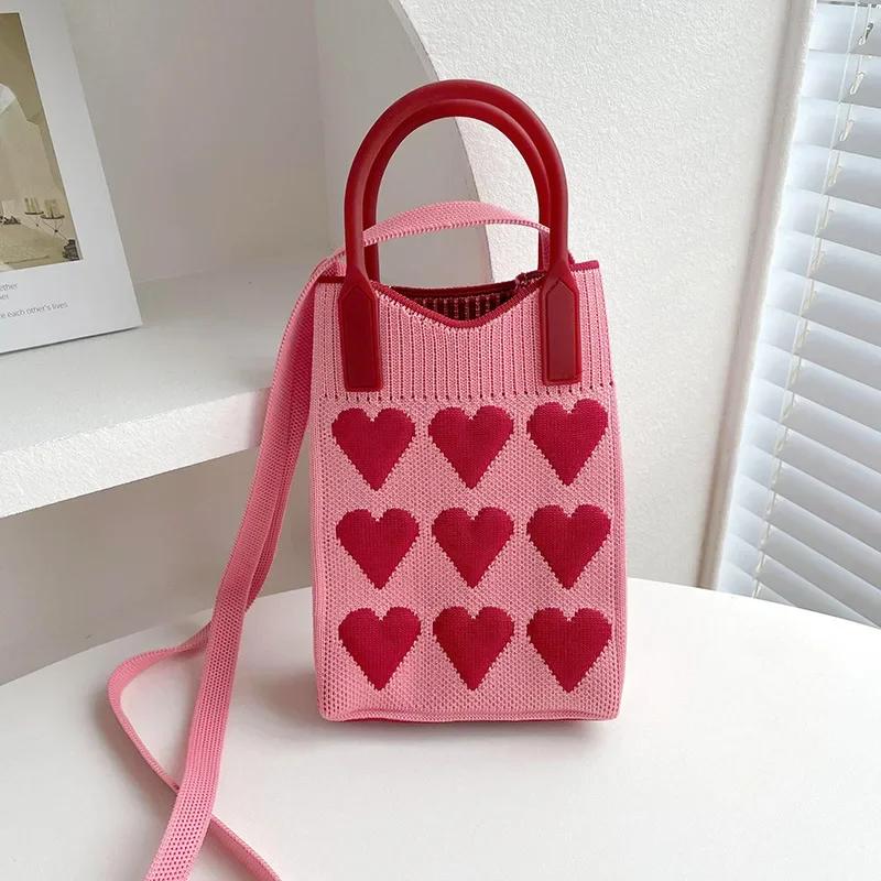 Candy Color Knitted Mini Mobile Phone Bag Heart Knitted Design Square Handbag Girls Cute Outdoor Shoulder Handbag and Hand Bag