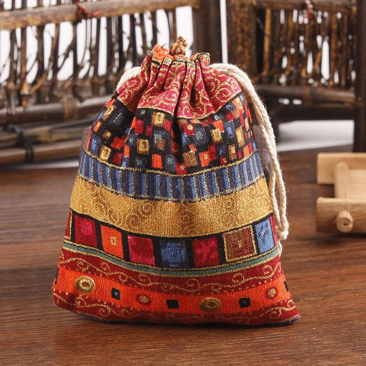 

Сумка для хранения украшений в этническом стиле BuTao для ароматерапии - цветной мешочек из хлопка и льна с завязками кларет