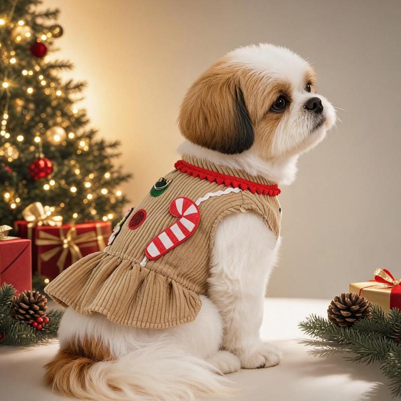 Pet Dog Costume Small Breeds Puppy Candy Cane Gingerbread Dress Two-Legged Outfit