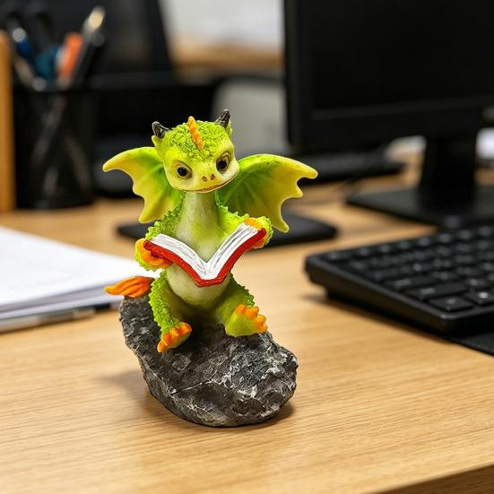 Yousheng Dragon Figurine Cute Resin Dragon Reading Statue Miniature Fairy Garden Ornaments for Terrarium Micro Landscape DIY Crafts
