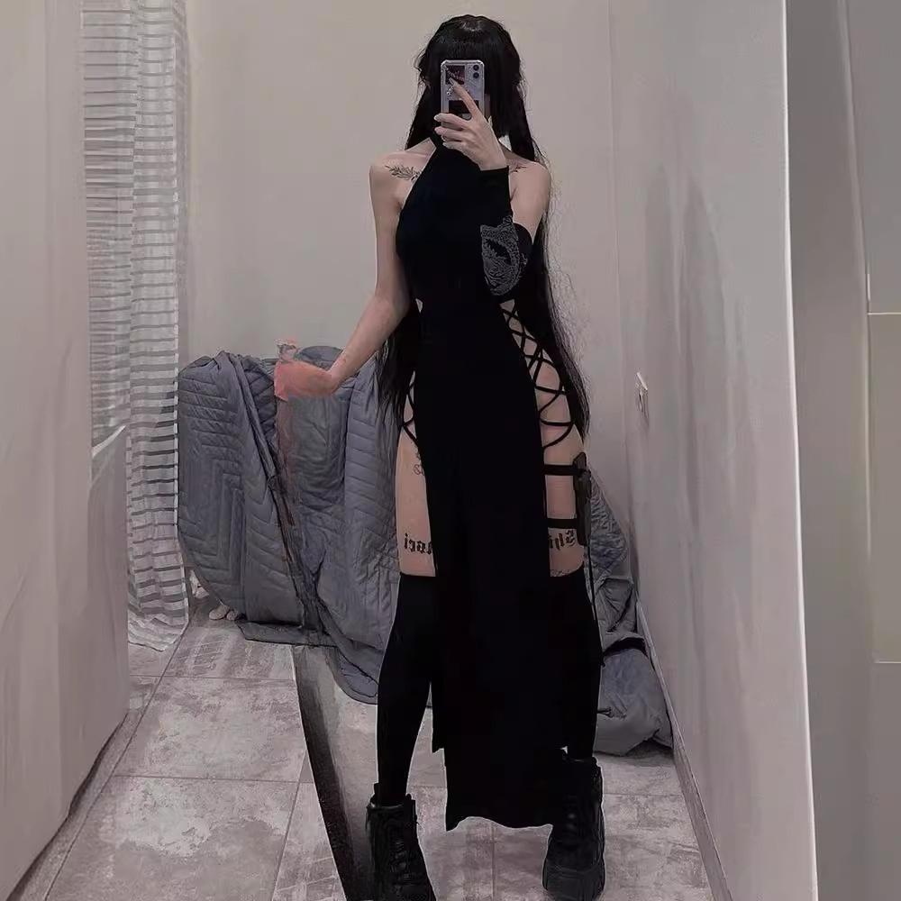 Goth Mørk Cosplay Høy Splitt Sexy Bandasje Damekjoler Y2K Mall Goth Halter Slim Midi Kjole Svart Stil Alt Partyklær