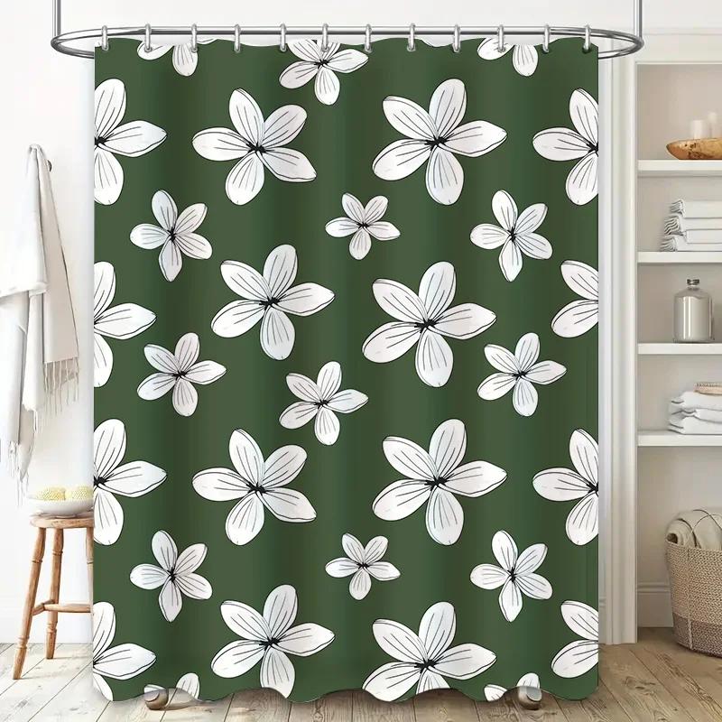 Luxurious Bathroom Floral Print Shower Curtains for Home Decor White Flowers Green Background Waterproof Fabric 180x240cm (Green