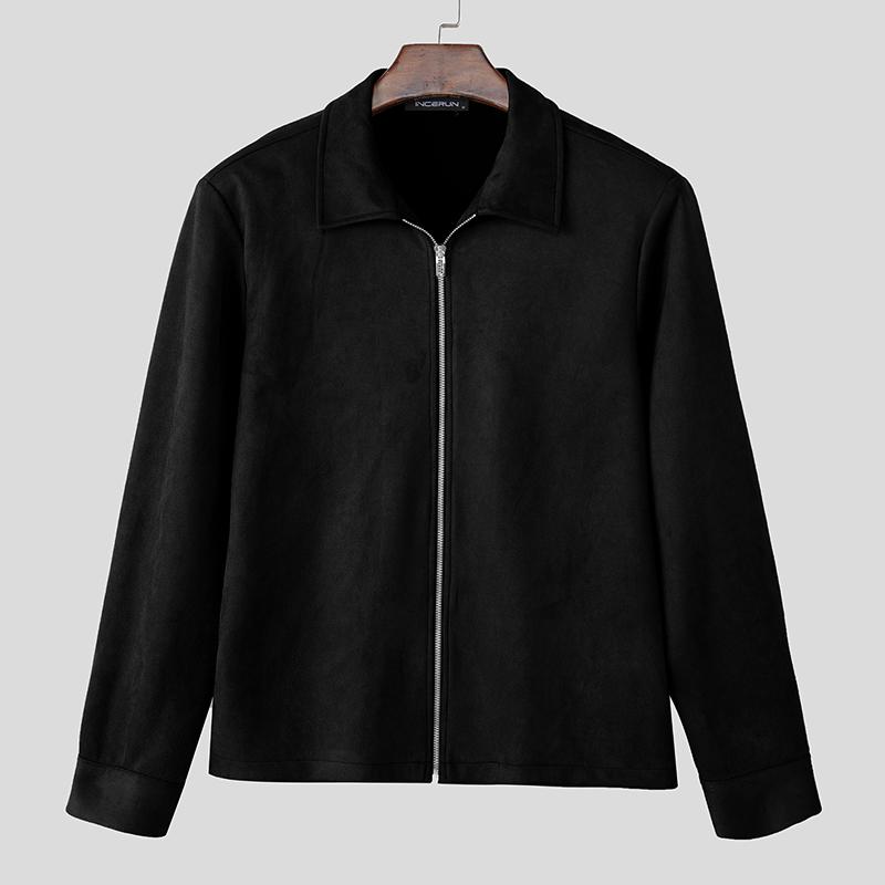 

INCERUN Men Lapel Neck Long Sleeve Zip-up Suede Jackets Coats Motorcycle Style S чёрный