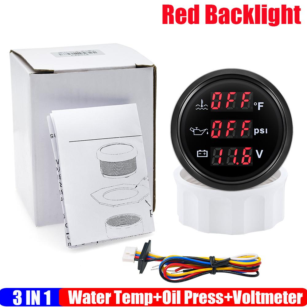 Red LED Digital Water Temperature+Oil Pressure+Voltmeter 3IN1 Multifunctional 52mm Gauge Alarm Waterproof Auto Car Boat