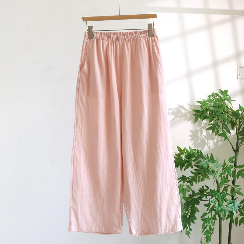 Women's Pure Cotton Gauze Pajama Set - Spring/Summer, Long Sleeve, Nine-Point Pants, Loose Fit, Japanese Style, Solid Color.