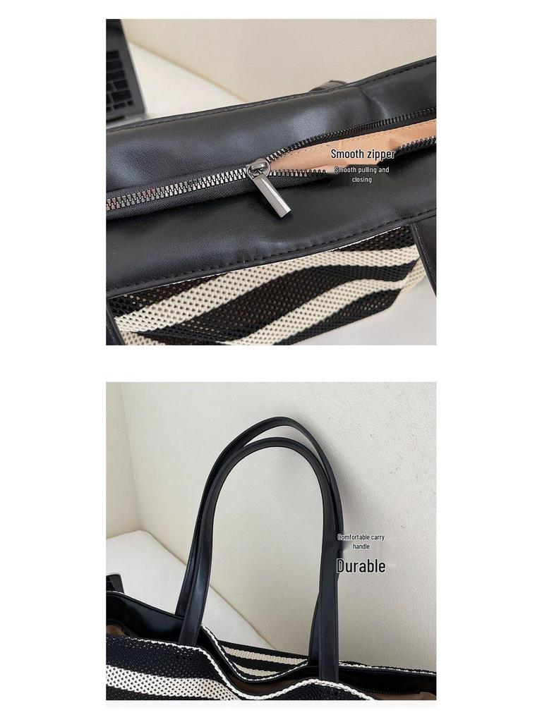 2025 Torba tkana w czarno-białe paski o dużej pojemności: Lekka Torba Jednoramienna dla Kobiet, Idealna na Wakacje i Zakupy.