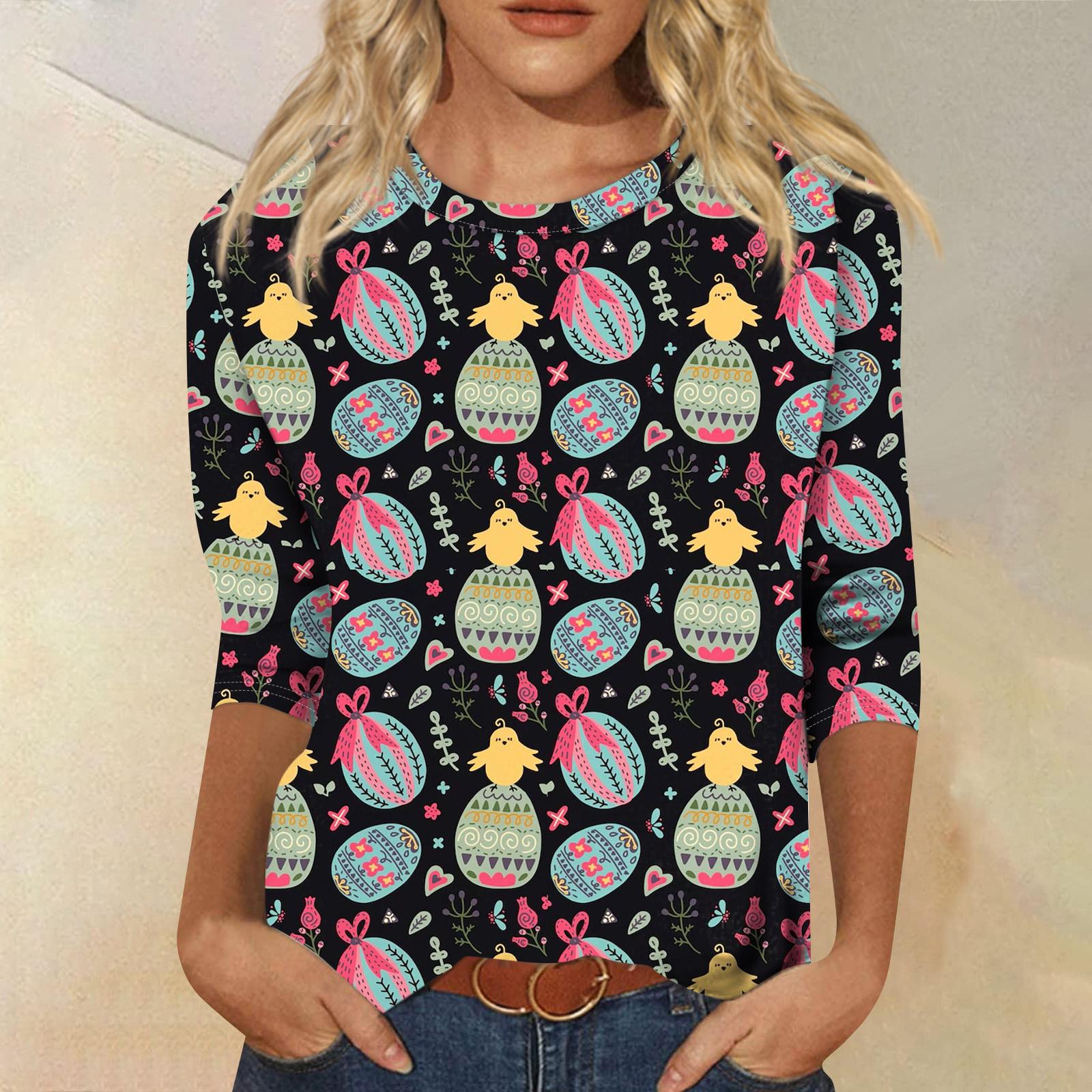 

Women s Fashionable Casual Three-quarter Sleeve Easter Print Round Neck Pullover Top XXL