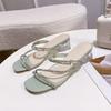 2025 Summer Women's French Rhinestone Mid-Heel Slide Sandals Fairy Elegance Versatile for Daily & Date Dress Outfits.