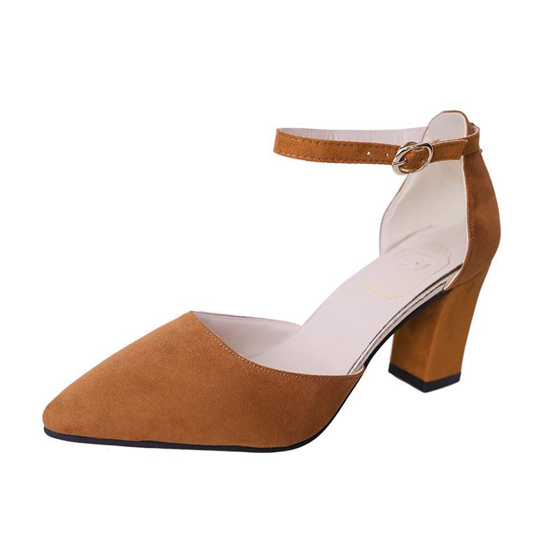 

Summer new Korean version of high heels pointed one-word buckle sandals women s hollow thick heel women s single shoes batch 42 темно-коричневого кольору