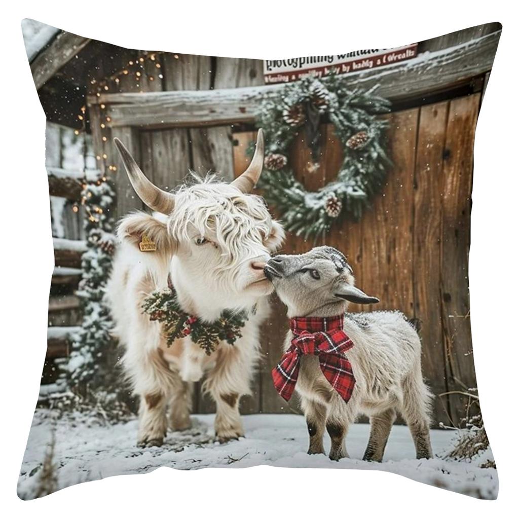 Cute Highland Cows and Goats Winter Pattern Cushion Covers Polyester pillowcase, sofa decorative cushion cov Headboard Pillow