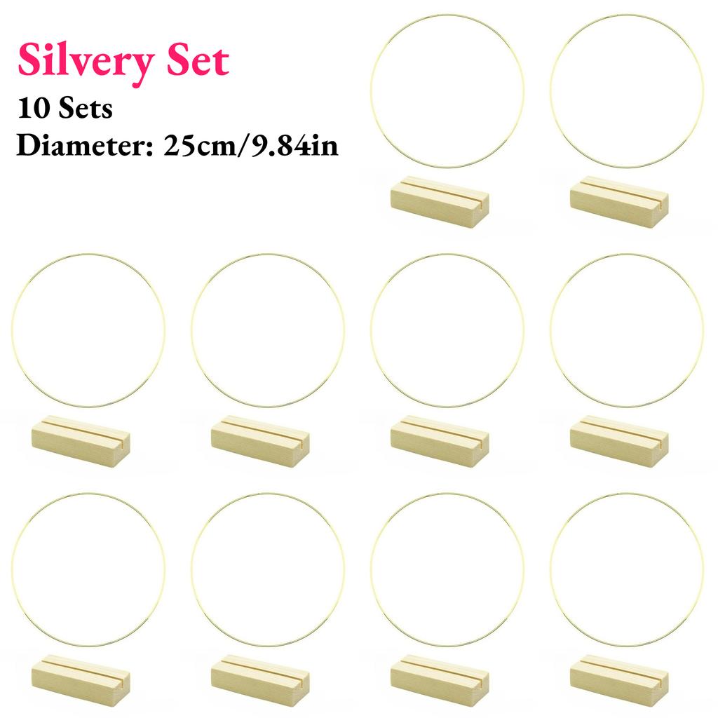 10 Sets Floral Wreath Centerpiece Set with 20-25cm Silvery Metal Ring & Wooden Base Reusable Hoops Wedding Garlands Table Decor