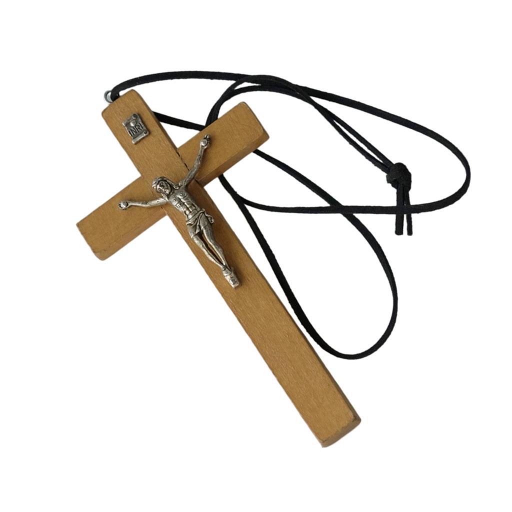 Retro Men Women Necklace with Black Rope Cross Pendant Christian Religious Natural Wooden for Children Boys Girls