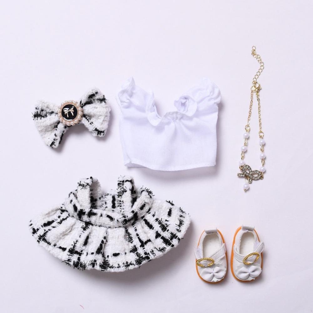 

Платье на подтяжках Сидящий Лабубу Время Ткань Бант Заколка для волос 17см Плюшевые куклы Одежда Детские Игрушки для девочек Style 2