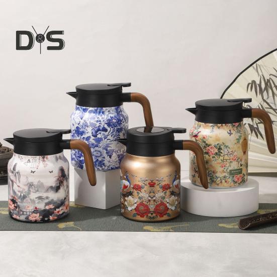 Tetera vintage con aislamiento floral de 1000 ml, mini cafetera, termo para oficina, infusor incorporado, jarra para bebidas, jarra térmica para café