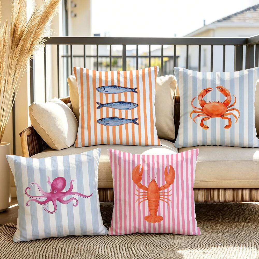 Ocean Life Theme Striped Cushion Cover Soft Plush Throw Pillow Cover DoubleSided Cushion Case Sofa Bedroom Home Decor