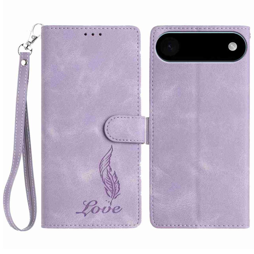 For iPhone 17 Air Case Imprinted Feather PU Leather Wallet Phone Cover with Wrist Strap