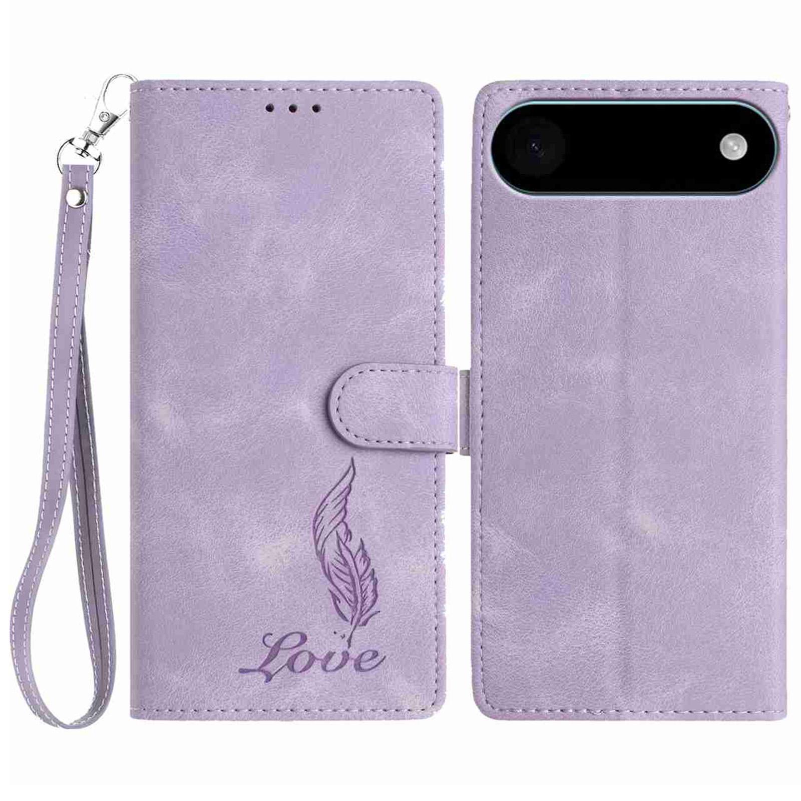 

For iPhone 17 Air Case Imprinted Feather PU Leather Wallet Phone Cover with Wrist Strap Purple