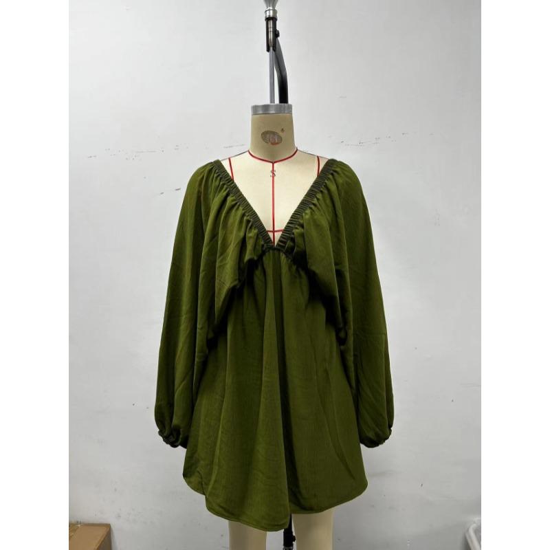 Elegant Fashion Deep V-neck Long Sleeved Women Dress Spring Summer Simple Casual Loose Sexy Solid Color A-line Party Dress Female Office Ladies