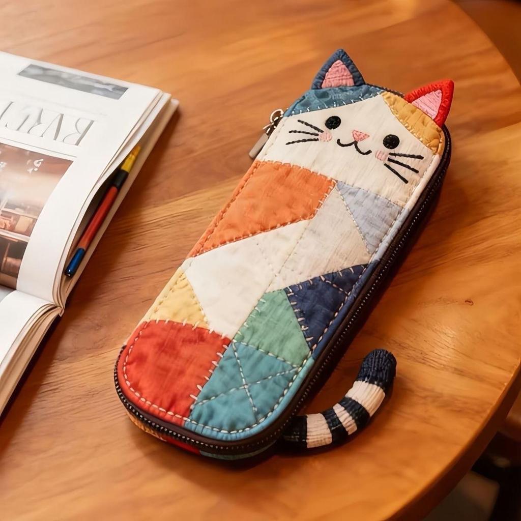 Xiaohongshu Cute Cat Patchwork Pencil Case - Large Capacity Student Stationery Organizer