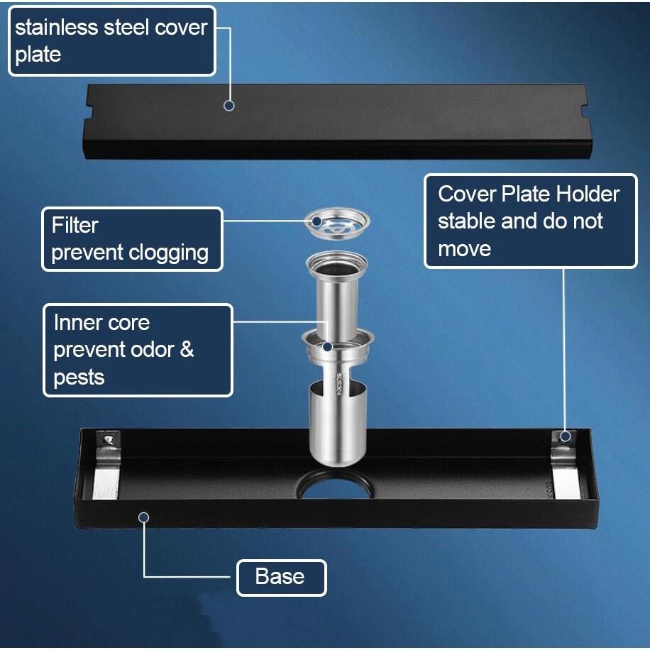 SUS 304 Shower Floor Drain with Tile Insert Grate Bathroom Drainage Device Stainless Steel Rectangle Shower Drain Linear