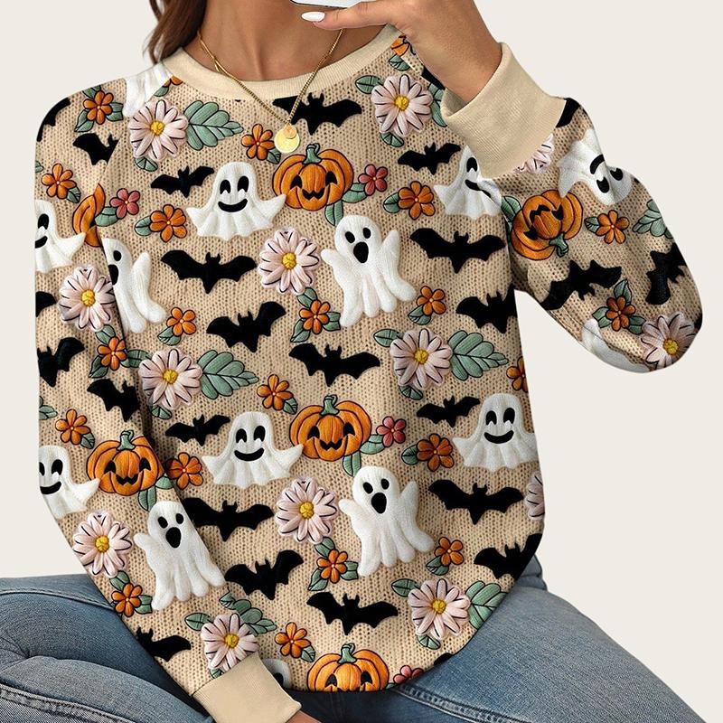 Ladies Spring Autumn Ghost Pumpkin Halloween O Neck Long Sleeve Pullover Hoodies Sweatshirt Top