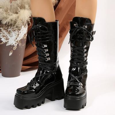 Mode Mode Klobige Hohe Absätze Mid-Calf Stiefel Damen Dicke Sohle Lackleder Punk Stiefel Frau Gothic Schwarz Plateau Kampfstiefeletten