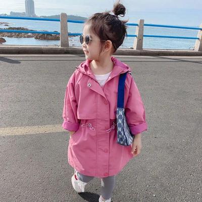 Girl's Spring and Autumn Solid Color Rushing Jacket Long-sleeved Hooded Trench Coat