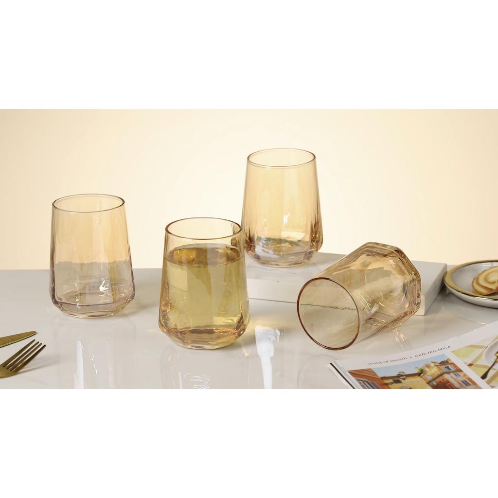 Modern Geometric Clear Amber Smoke Tone Stemless Wine/Beverage Glasses, Set of 4 United States