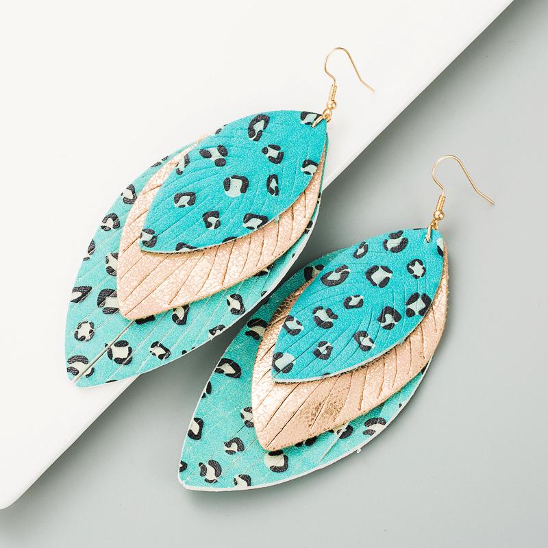 Women Leopard Print Drop Earrings Titanium Steel Leaf Shape Multi-layer PU Leather Bohemia Ear Ornaments