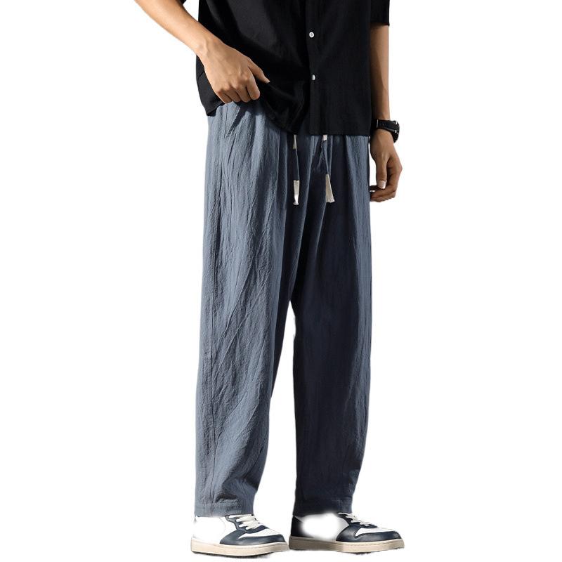 Japenese Cotton Linen Pants Men Summer Straight Casual Ice Silk Sweatpants Male Wide Leg Oversize Linen Trousers