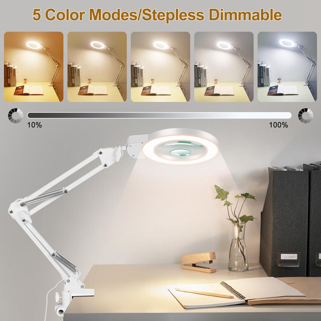 Long Swing Arms 5X/10X Magnifying Glass Lamp with 5 Color Adjust LED Lights Reading Table Lamp for Welding Repair Close Work