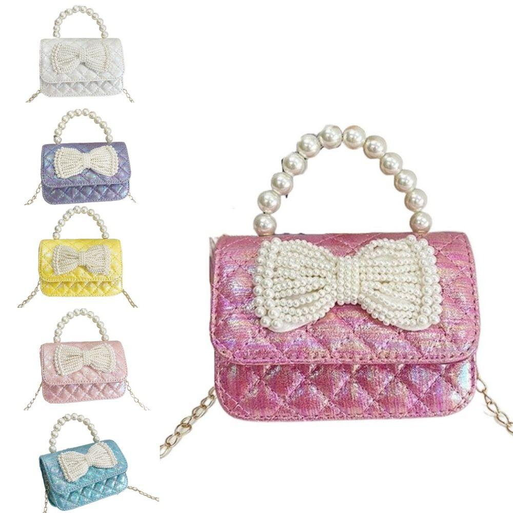 Mini Bow Crossbody Bag PU Leather Children Coin Purse Simple Pearl Handbag Women