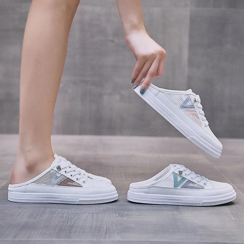 WTEMPO Damen Atmungsaktive Outdoor Mesh Schuhe Frühling Sommer Einfache Weiche Sohle Baotou Flache Feste Beiläufige Halbe Hausschuhe