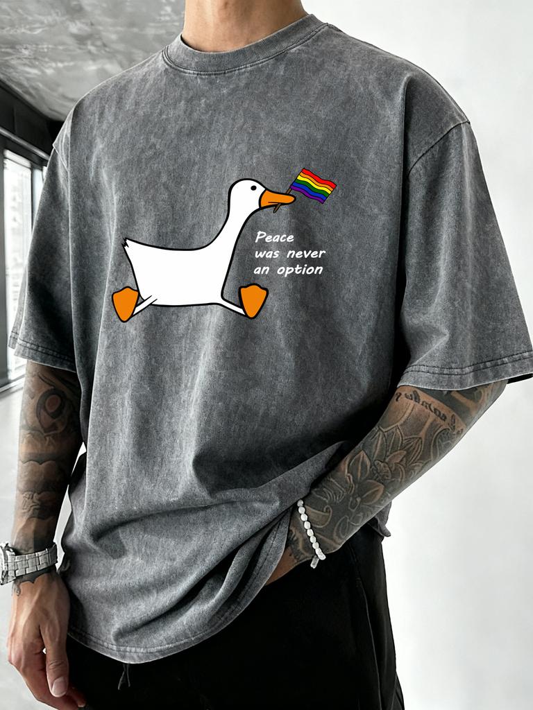 Peace Was Never An Option Print Men Washed T Shirts Casual Cotton TShirt Loose Crewneck Short Sleeves Vintage Vacation Clothes