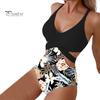 Monokini Estivo da Donna Profondo Scollo a V Senza Maniche Costume da Bagno Intero Colore Patchwork Hollow Out Schiena Scoperta Allacciatura Beachwear