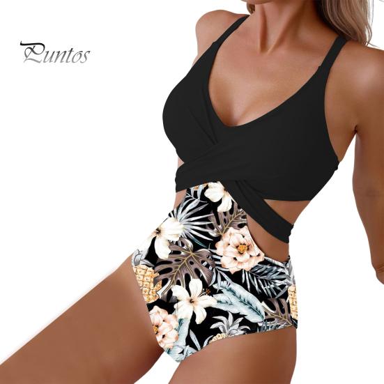 Monokini Estivo da Donna Profondo Scollo a V Senza Maniche Costume da Bagno Intero Colore Patchwork Hollow Out Schiena Scoperta Allacciatura Beachwear